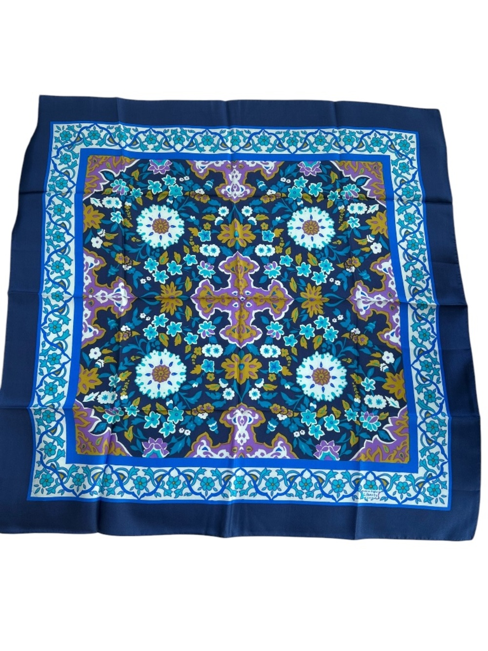 Liberty of London NEW 100% silk blue floral Moroccan tile print scarf 27" sq